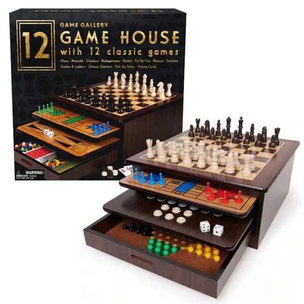 SIIG9HGGI 12 In 1 Game House With 12 Classic Games,Includes Game Boards, Chess, Mancala, Checkers, Backgammon, Snakes And Ladders, Chinese Checkers, Pachisi, Tic-Tac-Toe, Passout, Solitaire, Pick Up Sticks, And Pack Of Playing Cards