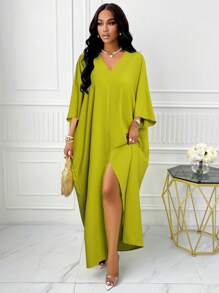 Women's Fashion V Neck Batwing Sleeve Split Thigh Dress