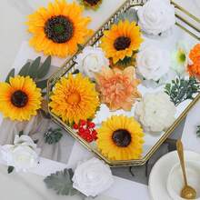 Artificial Flowers Combo, Champagne Silk Roses, Peonies, Dahlias With Stems For DIY Wedding Bouquets, Baby Shower, Table Centerpieces, Home Decor, Fake Floral Arrangements, Party Decorations - Yellow&white - 查看 3