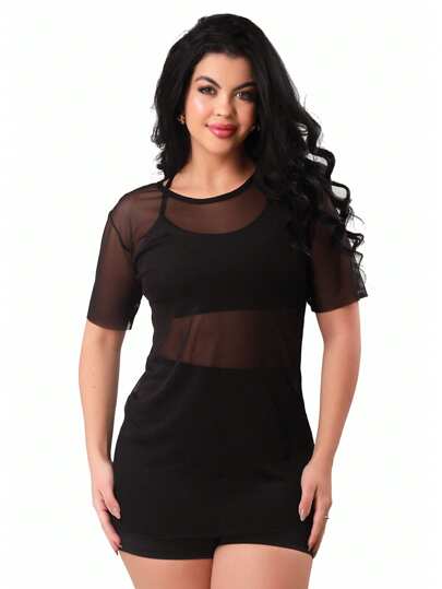 Work Fitness Camiseta Tule Manga Tapa bumbum Blusa Feminina Academia