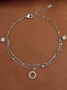 1件层叠圆形锆石吊坠脚链，925纯银优雅链条脚链，精美珠宝礼物，送给姐妹 - 款式1 - 查看 3