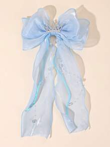 1 Stück individuell gestaltete blaue Mesh-Haarschleife für Mädchen, personalisierte Namenenschleife, Haarspangen mit glitzernder Strass-Krone, Quasten-Dekor, elegante Prinzessin Haarstyling-Clips, Sommer-Haarspangen, Kinderhaar-Accessoires