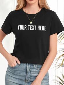 Women Short Sleeve T-Shirt, Personalized Text Name, Women's Black Top For Spring Summer, Valentine's Day, Christmas, Birthday, Graduation Gift Casual - Black - View 1