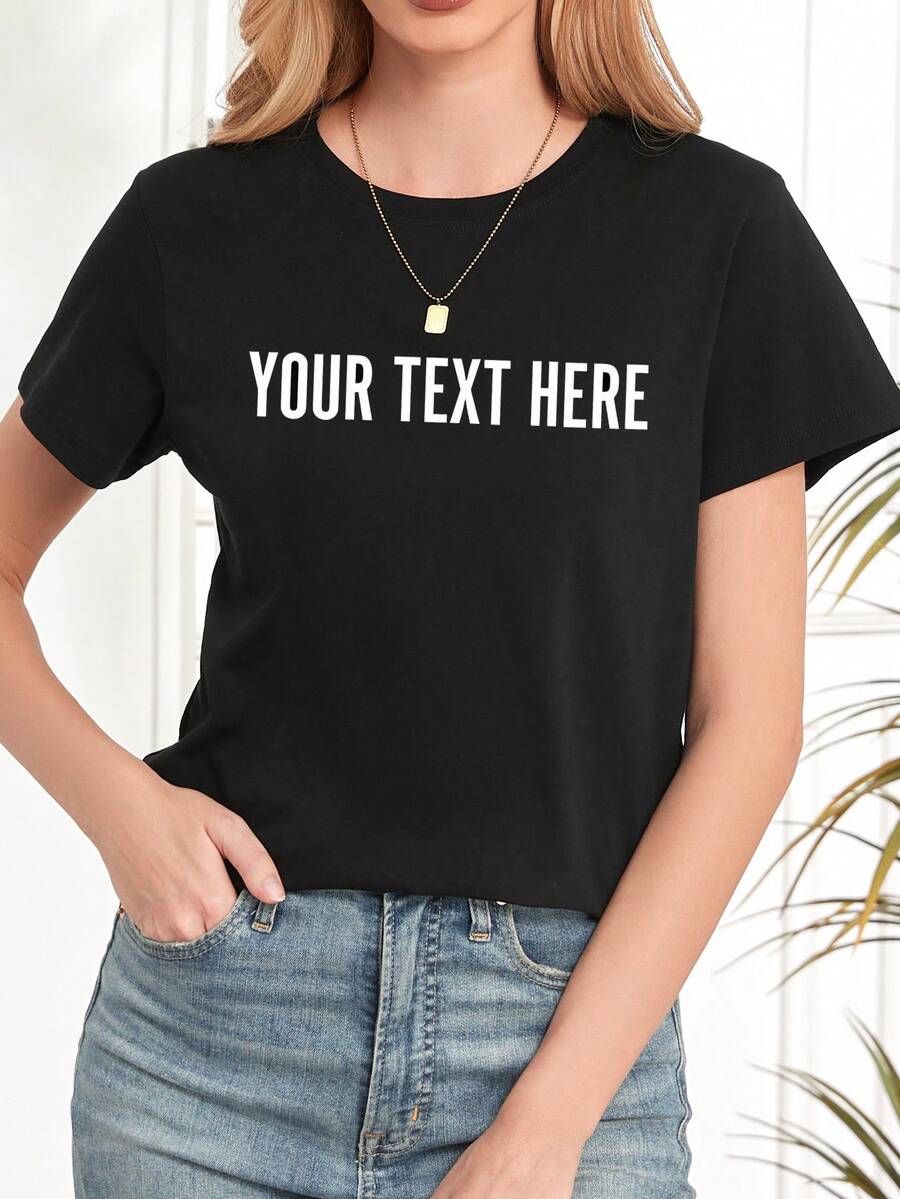 Women Short Sleeve T-Shirt, Personalized Text Name, Women's Black Top For Spring Summer, Valentine's Day, Christmas, Birthday, Graduation Gift Casual - Black - View 1