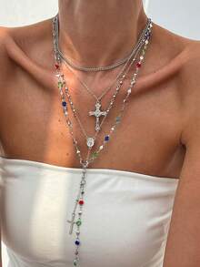4 件套波西米亚风格彩色水晶和复古金属十字架吊坠 Y 型项链套装，适合女性日常和节日穿着，送给朋友的礼物（各种彩色水晶、铜珠链为实物） - 項鍊 - 查看 15