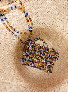 Bolso bandolera diagonal de verano con cuentas de vidrio y acrílico de colores, solo cabe barra de labios y llaves