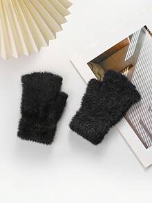 1 Pair Solid Color Casual Cute Party Polyester Intarsia Fringe Fuzzy Knit Half Finger Gloves, Soft, Suitable For Going Out, School, Spring, Autumn & Winter - A - View 6