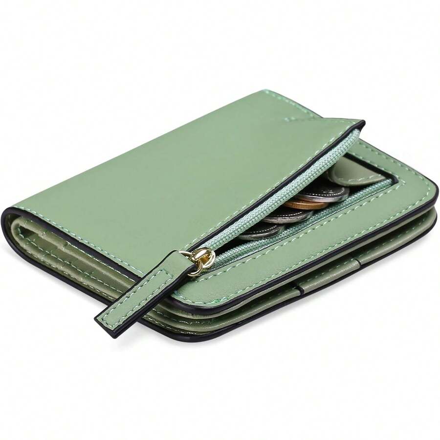 Women's Wallet Leather Compact Bi-Fold Wallet For Woman Zipper Coin Pocket Small Ladies Purse With ID Window - Black - View 1