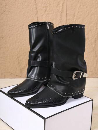 复古铆钉高筒靴，法式高帮女靴，百搭西部牛仔靴，适合娇小身材