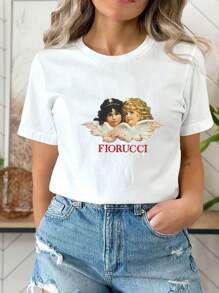 Maglietta casual da donna con grafica di angeli Fiorucci e cherubini alati vintage