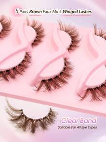 Rikuaild 5 Pairs Brown Cat Eye False Eyelashes, Transparent Band Fox Eye Fake Lashes, Brown Faux Mink Lashes, Fluffy Criss-Cross Eyelash Extensions, Natural Look Lashes, Eyelash Extension Makeup - 眼尾拉長款 - 查看 5