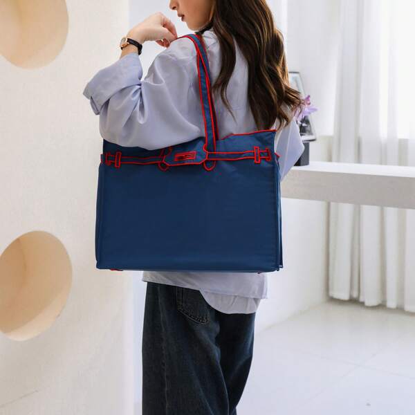 Fashionable New Indigo Red Nylon Tote Bag With Embroidery Design, Features Separate Pockets And Detachable Tag, Ideal For Beach Trips, Lightweight Yet Spacious Shopping Bag, Suitable For Travel, Gatherings, Commuting And More, We Understand Design For Women