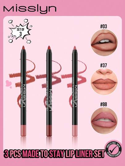 Misslyn 3支装持久唇线笔套装，持久防水，质地顺滑，色彩鲜艳，适合Y2K妆容、派对、海滩、旅行、度假、露营、户外活动、新年、情人节等场合，是时尚女孩的理想礼物，也适合节日、校园、春节、情人节等场合。纯素配方，不含动物成分。