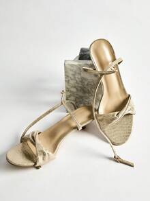 女士金字塔形低跟凉鞋，2005夏季新款时尚性感绑带踝带细高跟凉鞋，圣诞节冬季圣诞礼物 - 金色 - 查看 2