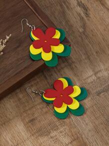1 Pair Bohemian Wooden Multi-Layer Colorful Floral Earrings, Fashion Accessory For Vacation And Casual Wear