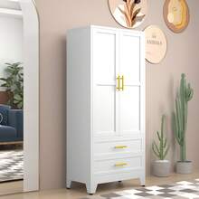 71 Inch High Metal Wardrobe With 2 Drawers And Hanging Bars, Bedroom Clothing Storage Cabinet, Suitable For Bedrooms, Laundry Rooms, Warehouses, Bedrooms - 白色 - 查看 7