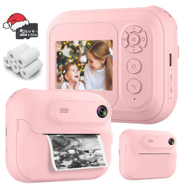 Câmera de impressão instantânea para crianças, câmera HD para crianças com impressão instantânea com 2 rolos de papel e cartão de 32 GB, brinquedos ideais para presente para meninos e meninas de 6 a 14 anos (rosa). Tela grande de 2,4 polegadas, vídeo 1024p, vários filtros de disparo e efeitos especiais integrados, fotos DIY, presente de aniversário, Natal e Ano Novo para meninos e meninas