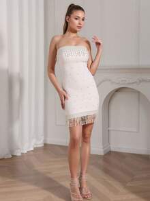 Women's Elegant Beaded & Rhinestone Embellished White Bodycon Mini Party Dress, Suitable For Party, Graduation, Ball, Evening Events - White - View 1