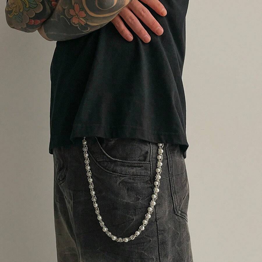1 Stück europäischer & amerikanischer Nietengürtel mit Perlen umwickelt, modischer Punk Hip Hop Jeans Kette Taillenzubehör für Männer Sommer, Schule Herbst-Winter Accessoires Halloween Kostüm, geeignet für Teenager, Jugendliche, Männer, Lässig, Outdoor, Sport, Urlaub, Abschlussgeschenke, Geburtstag, Alltagskleidung - Silber - Übersicht 1