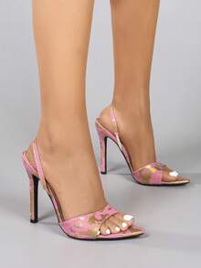 Women's Pointed Toe Glossy Leopard Print Clear Strap Ankle Strap Thin High Heel Sandals, Elegant Glamorous Fashion Party Stilettos - Pink - View 4