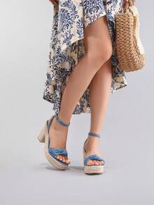 Rope Platform Wedge Heeled Sandals, Twist Open Toe, Summer Vacation Casual High Heel Waterproof Slip-On Slides, Daily Fashion Women Shoes - Blue - View 9