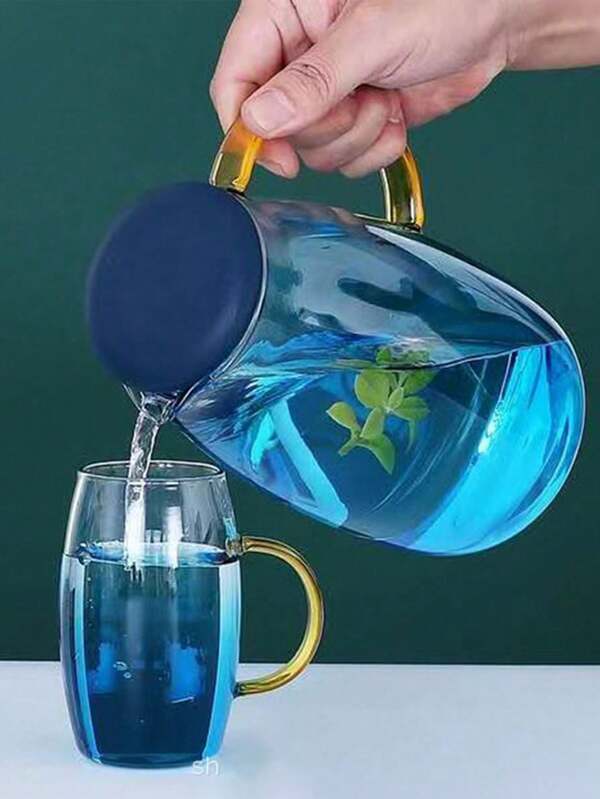 1 pièce Ensemble théière et tasse en verre borosilicaté avec design de marbre bleu dégradé, résistant à haute température, grande capacité