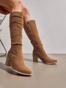 Women's Knee-High Boots, Comfortable Chunky Block Heel Pointed Toe Pull On Side Zipper Suede Slouch Riding Boots - Camel - View 4