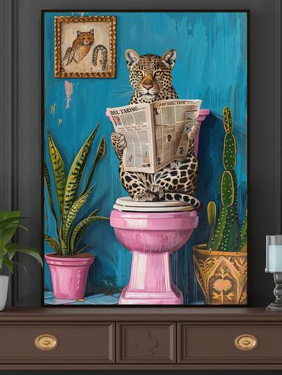 1pc Canvas Poster, Solid Wood With Frame, Printable Wall Art, Leopard Drinking Coffee Minimalist Oil Painting, Dopamine Dining Room, Colorful And Stylish Kitchen, Vivid Morning Poster