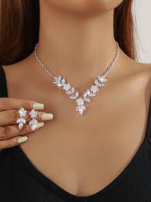 Set de 3 piezas de collar y aretes con diseño floral de circonita cúbica, versátil para uso diario, campus, citas, bodas, fiesta de San Valentín y regalos festivos para mujeres