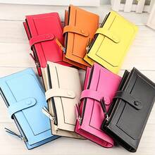 Women PU Leather Wallet Bifold Clutch Large Capacity Card Organizer Buckle Long Purse For Girls Candy Color - 玫瑰紅 - 查看 2