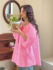 Áo sơ mi nữ dáng rộng nhiều màu sắc cổ nơ kèm dây đeo nơ, món đồ thiết yếu cho trang phục nữ sinh mùa xuân. - Hồng - Xem 5