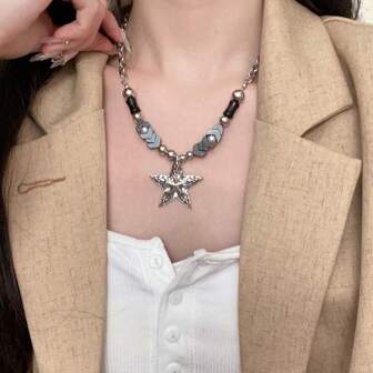 Punk Goth Star Pendant Necklace Textured Geometry Beaded Ornaments Simple Metal Necklace For Men Women