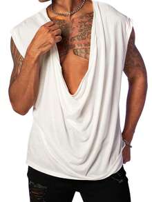 Men Leisure Workout Tank Top Sleeveless Draped Neck Bodybuilding Gym Athletic Vest Summer Tops - White - View 1