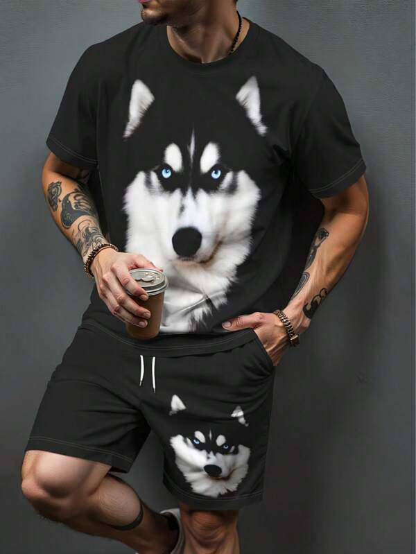 Conjunto de camiseta de manga corta de cuello redondo estampada y pantalones cortos con cordón en la cintura para hombres de TAI TONG MIAO, apto para uso deportivo al aire libre, look casual deportivo, ajuste universal con bolsillos y cordón