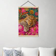 1pc, Canvas Hanging Picture, Framed, Vibrant Lion And Leopard Canvas Poster, Modern Art Wall Decor With Floral And Animal Patterns For Living Room, Bedroom, Bathroom, Home Office - Stylish Interior Home Decor, Room Decor