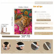 1pc, Canvas Hanging Picture, Framed, Vibrant Lion And Leopard Canvas Poster, Modern Art Wall Decor With Floral And Animal Patterns For Living Room, Bedroom, Bathroom, Home Office - Stylish Interior Home Decor, Room Decor