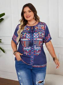Plus Size Women Navy Blue Woven Graphic Print Batwing Sleeve V-Neck Drawstring Tassel Loose Pullover Top