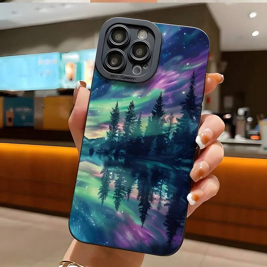 Northern Lights Aurora Breathtaking View Aesthetic All-Inclusive Shockproof Phone Case, Stylish And Durable TPU Mobile Phone Protective Cover, Compatible With IPhone 11/12/13/14/15/16 Pro Plus Pro Max - Black - View 1