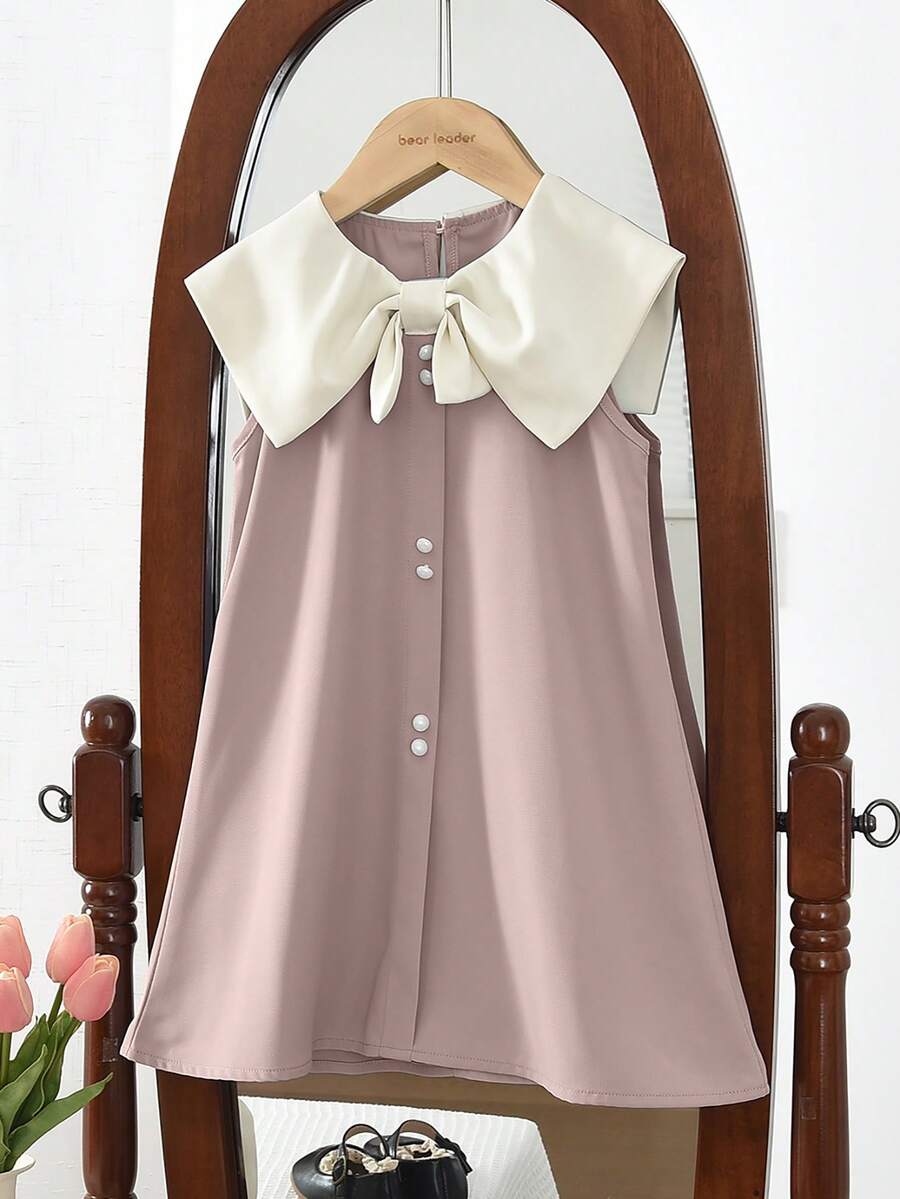 Contrast Color Collar Sleeveless Dress For Girls, Sweet & Cute Style, Suitable For Summer Wear - Pink - View 1