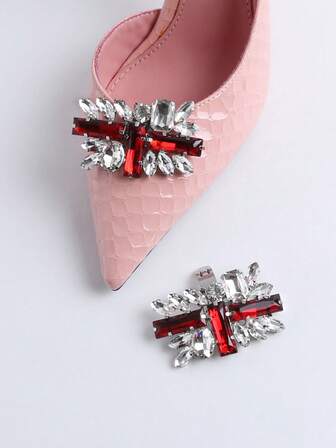 2pcs Red Rhinestone Inlaid Metal Buckle, Fashion Exquisite Classic Contrast Color Cute Accessory, Elegant Sexy For High Heels, Sneakers, Flat Shoes, Bags Decoration
