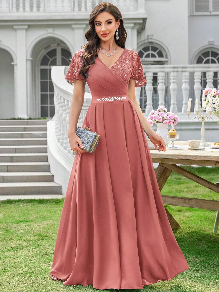 MIUSOL Abito da sera lungo con scollo a V, maniche a volant, orlo plissettato, decorato con fiori e paillettes a contrasto, adatto per invitati di matrimonio, estate, damigelle, cerimonie di laurea, gala ed altre occasioni
