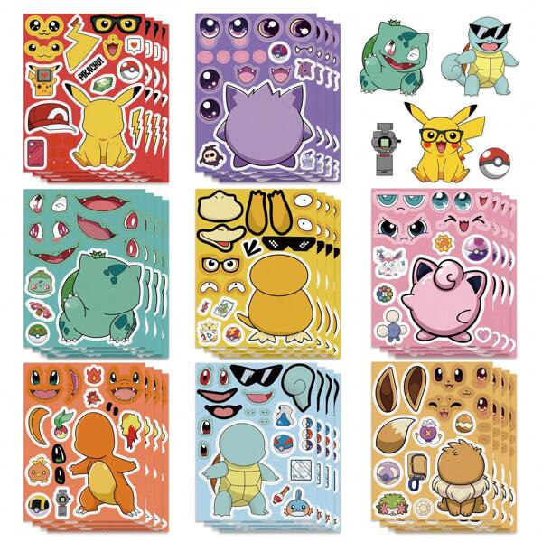 pokemon 8Sheets Pokemon Anime Pikachu Puzzle Stickers Make A Face Children Cartoon DIY Assemble Jigsaw Decoration Decals Kids Party Toys Gift Room Decor Wall Decor Wall Stickers Wall Sticker