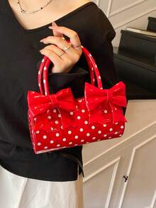 Stylish Red Handbag With Cute Bow & Polka Dot Pattern, Round Cylinder Shaped Crossbody Bag, Boston Pillow Bag, Phone Pouch, Fashionable & Defined For Women, Suitable For Party, Shopping, Dating, Gift - Red - View 4