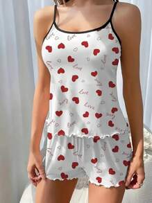 Women Heart & Letter Print Sleepwear Set, Lovely & Sexy Round Neck Backless Cami, Elastic Shorts, Casual Home Wear, 2Pcs Set, Spring/Summer