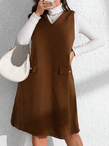 Plus Size Women Diamond Dzianinowa Sukienka Bez Rękawów Casualowa Z Fałszywymi Kieszeniami, Odpowiednia Na Wiosnę, Wczesną Jesień, Jesień/Zimę