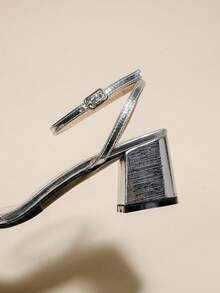 Women's Silver High Heel Sandals, Cross Straps Open Toe Lace-Up Chunky Heels, Summer Shoes - Silver - View 9