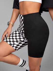 Women's Plus Size Fashion High Waist Multifunctional Cycling Shorts, Casual Plaid Patchwork Short Leggings - Black and White - View 3