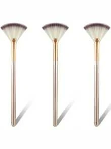 3pcs Fan-Shape Highlighter Brush, Soft Fan-Type Makeup Brush, Strong Powder Picking Ability, Quickly Sets Makeup On Large Areas, Fine And Soft, Suitable For Highlighting And Setting, Fan-Shaped Head Easily Highlights
