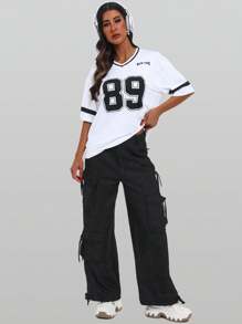 Locker geschnittenes V-Ausschnitt Oversized T-Shirt mit NEW YORK Aufdruck in Englisch und Zahlen Grafik Oberteile für Frauen