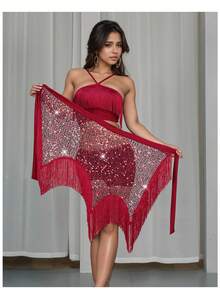 1pc Sexy Asymmetrical Wave Tassel Shiny Sequined Waist Skirt Belly Dance Performance Hip Scarf For Women